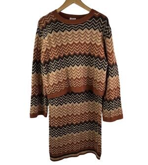 SO ME Brown Beige Sweater Midi Skirt Set Stretch Ribbed Knit Chevron M Medium